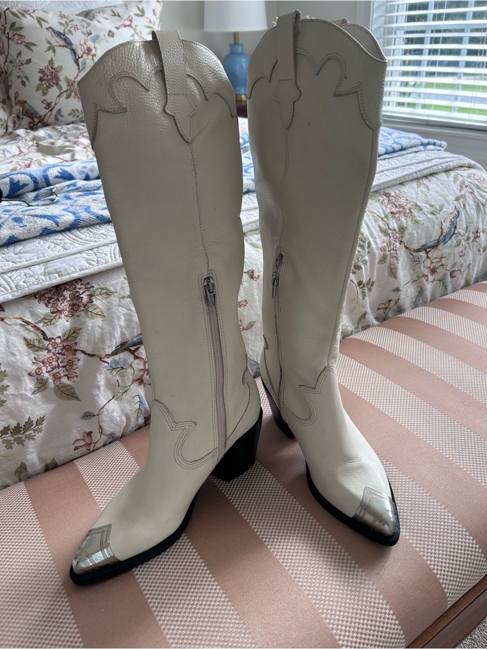 Dolce Vita Cream Western Knee-High Boots with Silver Toe Caps